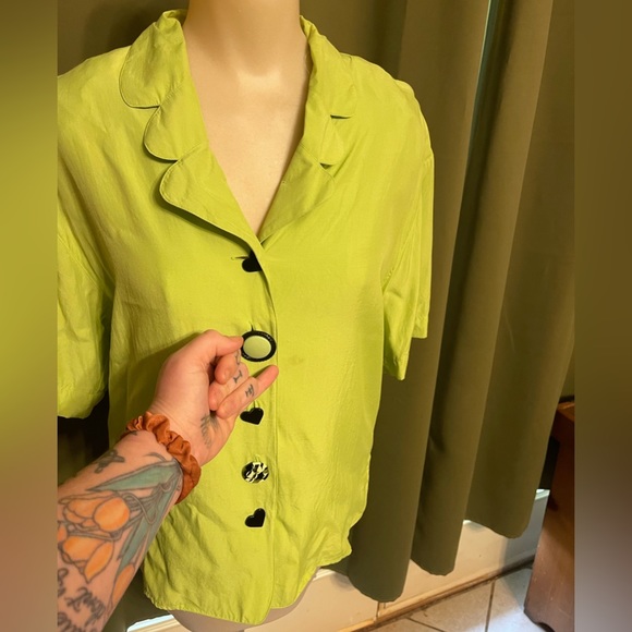 Vintage Whimsical Lime Green Button Up Blouse Med Lime Green and Black Blouse M - Picture 9 of 13